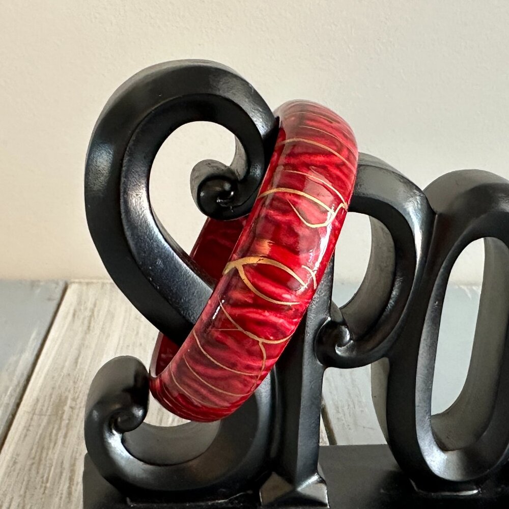 Retro Awesome Vintage Bangle Bracelet w Reds & Gold Enamel